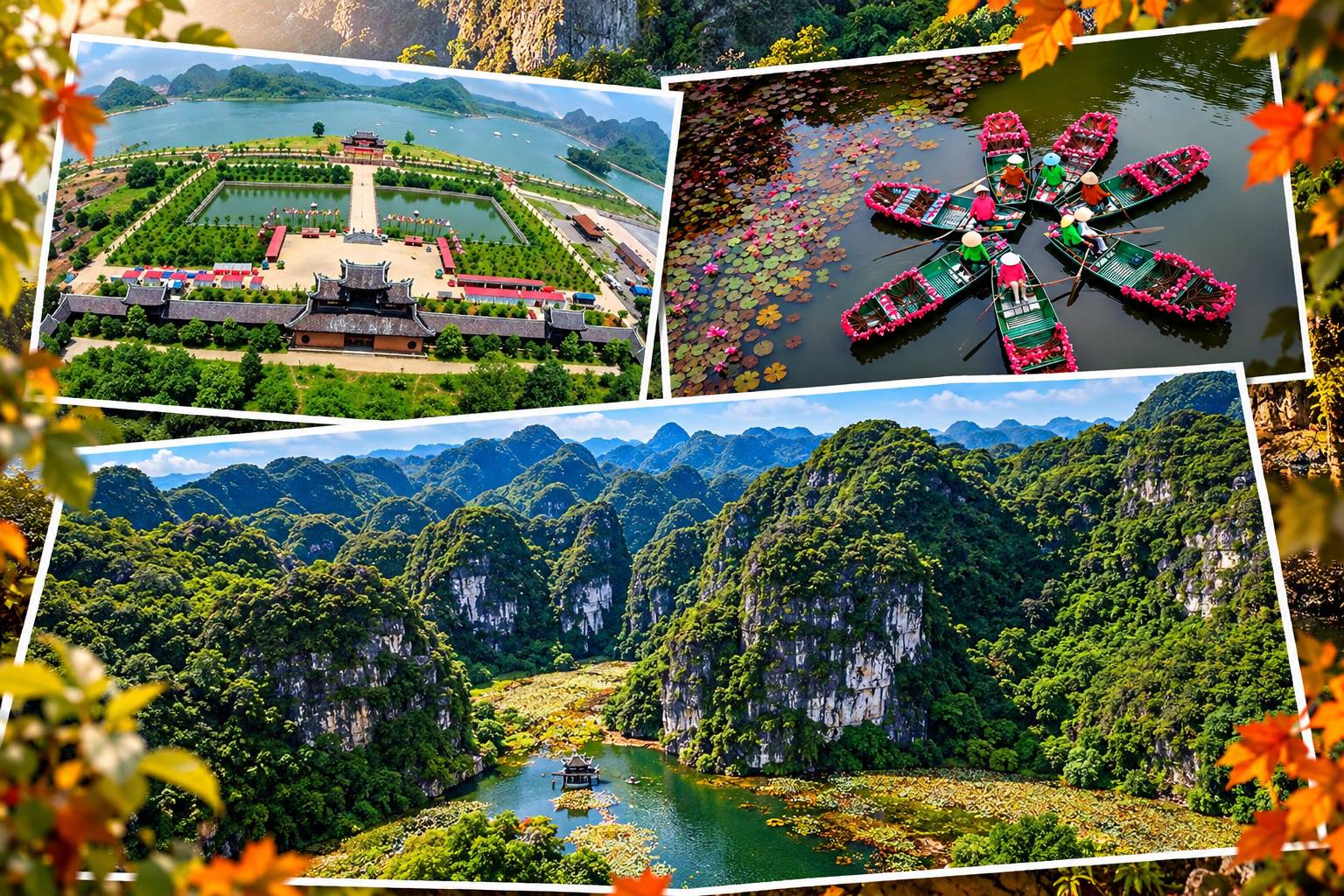 Toàn cảnh non nước Tràng An cuối tháng 10 với làn nước xanh trong vắt soi bóng những dãy núi đá vôi kỳ vĩ