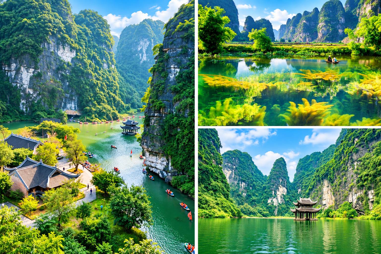 Làn nước Tràng An cuối thu trong vắt xanh mướt uốn lượn 