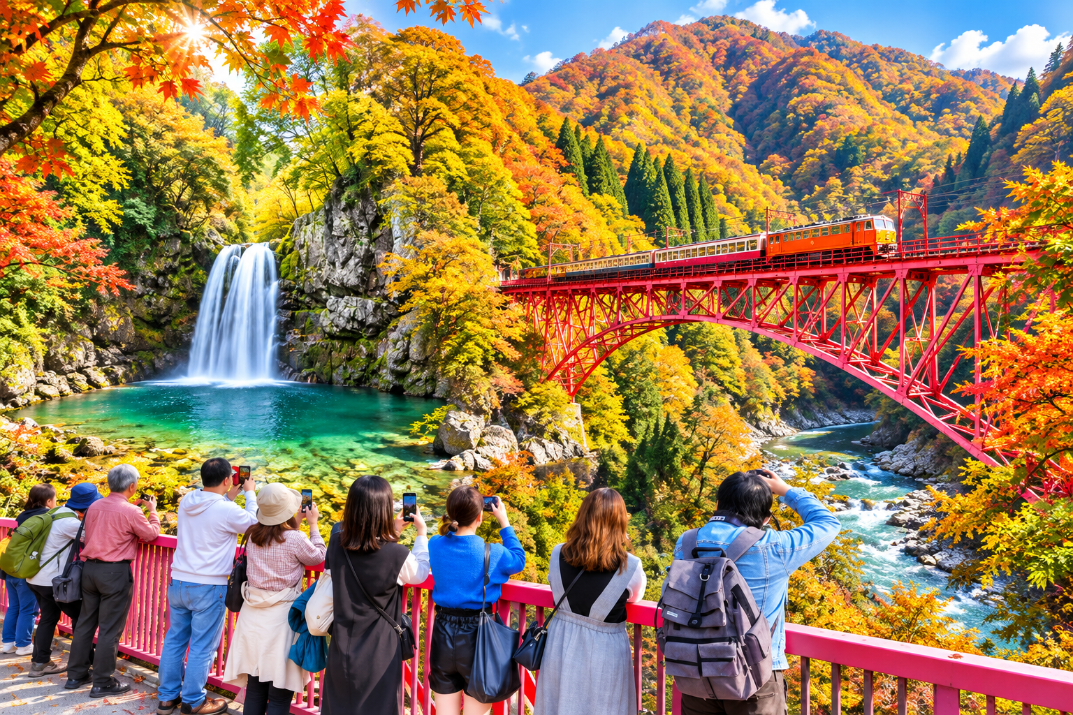  Kurobe Gorge mùa thu toàn bộ vách đá dựng đứng dọc hai bên bờ sông Kurobe màu ngọc bích đồng loạt chuyển màu, dệt nên một bức tranh thiên nhiên rực rỡ sắc đỏ, cam và vàng